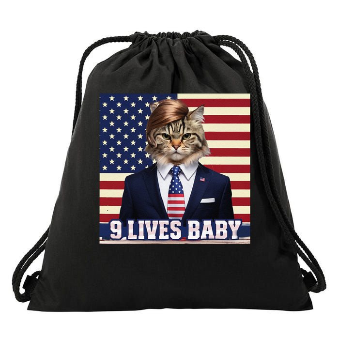 Cat In Suite With Trump Hair American Flag Nine Lives Baby Drawstring Bag