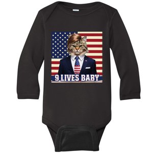 Cat In Suite With Trump Hair American Flag Nine Lives Baby Baby Long Sleeve Bodysuit