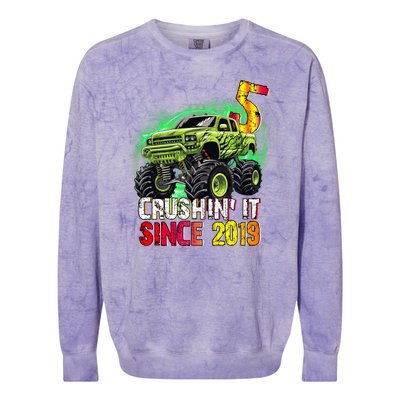 Crushin It Since 2019 5 Year Old Monster Truck Colorblast Crewneck Sweatshirt