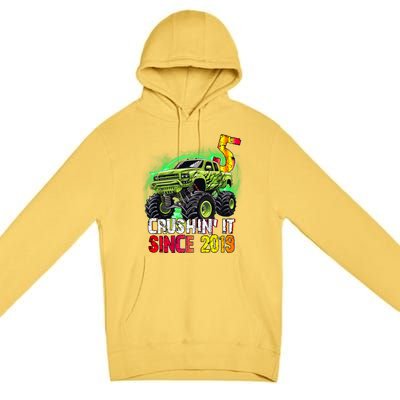 Crushin It Since 2019 5 Year Old Monster Truck Premium Pullover Hoodie