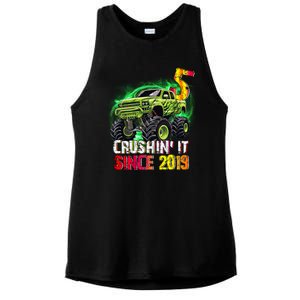 Crushin It Since 2019 5 Year Old Monster Truck Ladies PosiCharge Tri-Blend Wicking Tank