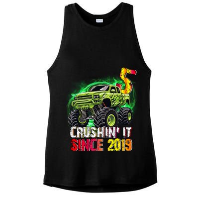 Crushin It Since 2019 5 Year Old Monster Truck Ladies PosiCharge Tri-Blend Wicking Tank
