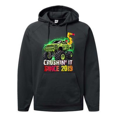 Crushin It Since 2019 5 Year Old Monster Truck Performance Fleece Hoodie