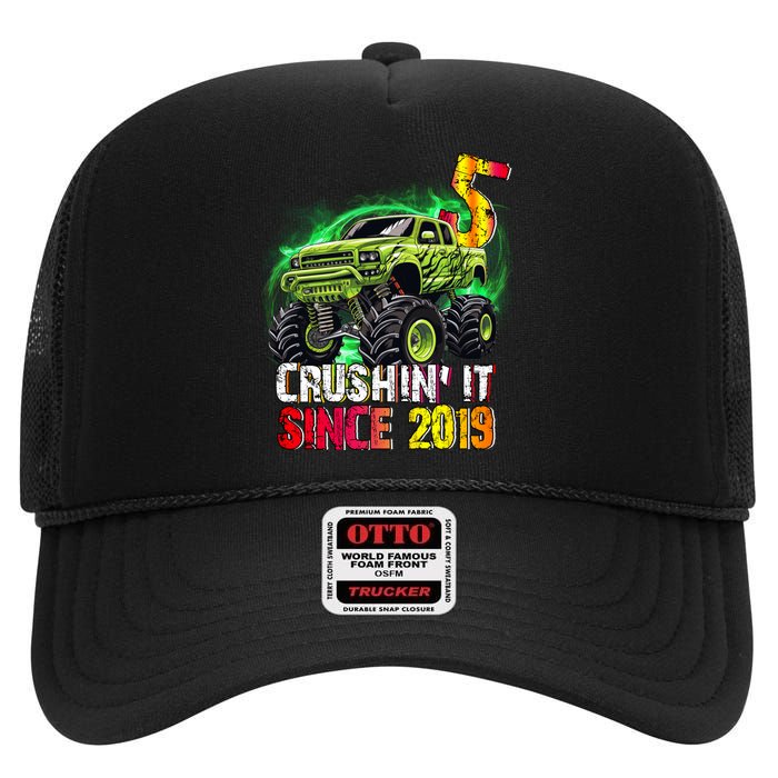 Crushin It Since 2019 5 Year Old Monster Truck High Crown Mesh Back Trucker Hat