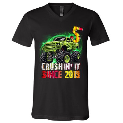 Crushin It Since 2019 5 Year Old Monster Truck V-Neck T-Shirt