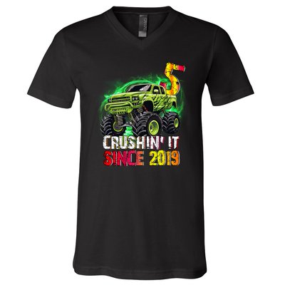 Crushin It Since 2019 5 Year Old Monster Truck V-Neck T-Shirt