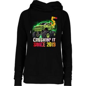 Crushin It Since 2019 5 Year Old Monster Truck Womens Funnel Neck Pullover Hood