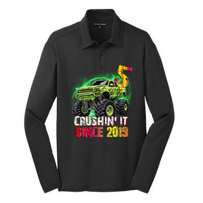 Crushin It Since 2019 5 Year Old Monster Truck Silk Touch Performance Long Sleeve Polo