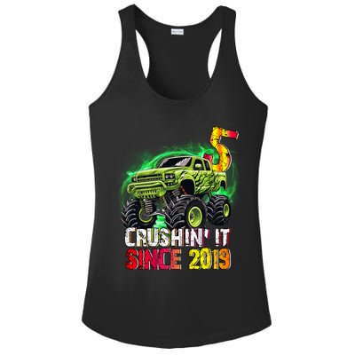 Crushin It Since 2019 5 Year Old Monster Truck Ladies PosiCharge Competitor Racerback Tank