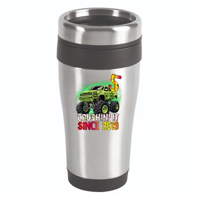 Crushin It Since 2019 5 Year Old Monster Truck 16oz Travel Tumbler