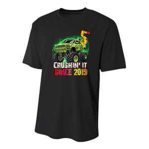 Crushin It Since 2019 5 Year Old Monster Truck Youth Performance Sprint T-Shirt