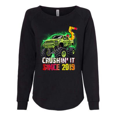 Crushin It Since 2019 5 Year Old Monster Truck Womens California Wash Sweatshirt