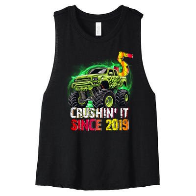 Crushin It Since 2019 5 Year Old Monster Truck Women's Racerback Cropped Tank