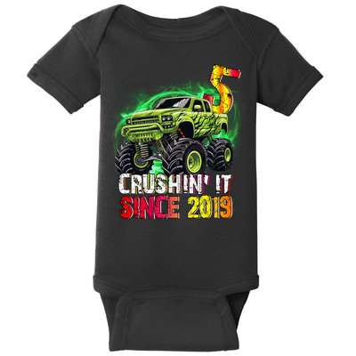 Crushin It Since 2019 5 Year Old Monster Truck Baby Bodysuit