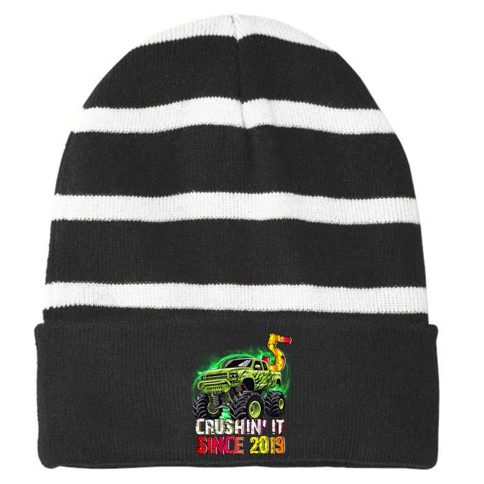 Crushin It Since 2019 5 Year Old Monster Truck Striped Beanie with Solid Band