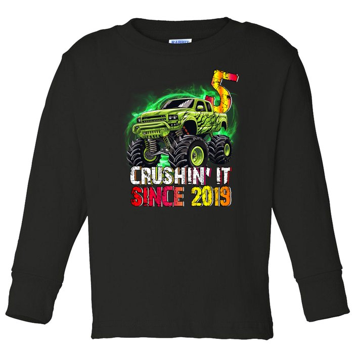 Crushin It Since 2019 5 Year Old Monster Truck Toddler Long Sleeve Shirt