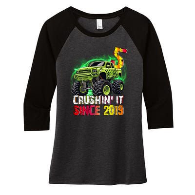 Crushin It Since 2019 5 Year Old Monster Truck Women's Tri-Blend 3/4-Sleeve Raglan Shirt