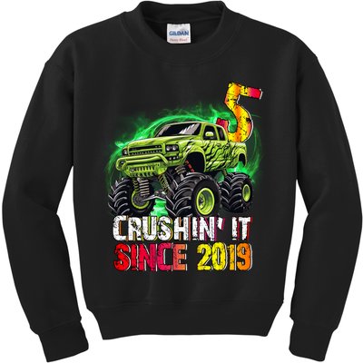 Crushin It Since 2019 5 Year Old Monster Truck Kids Sweatshirt