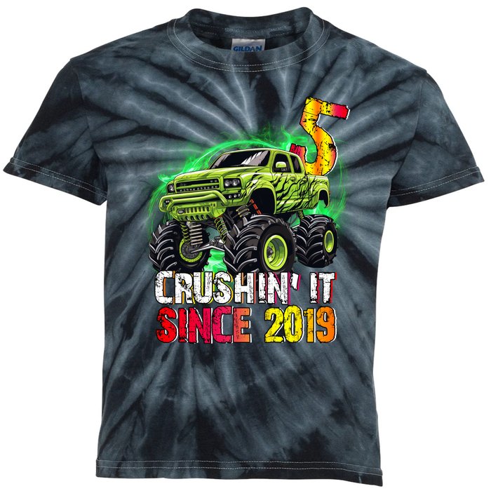 Crushin It Since 2019 5 Year Old Monster Truck Kids Tie-Dye T-Shirt