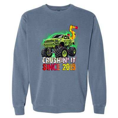 Crushin It Since 2019 5 Year Old Monster Truck Garment-Dyed Sweatshirt