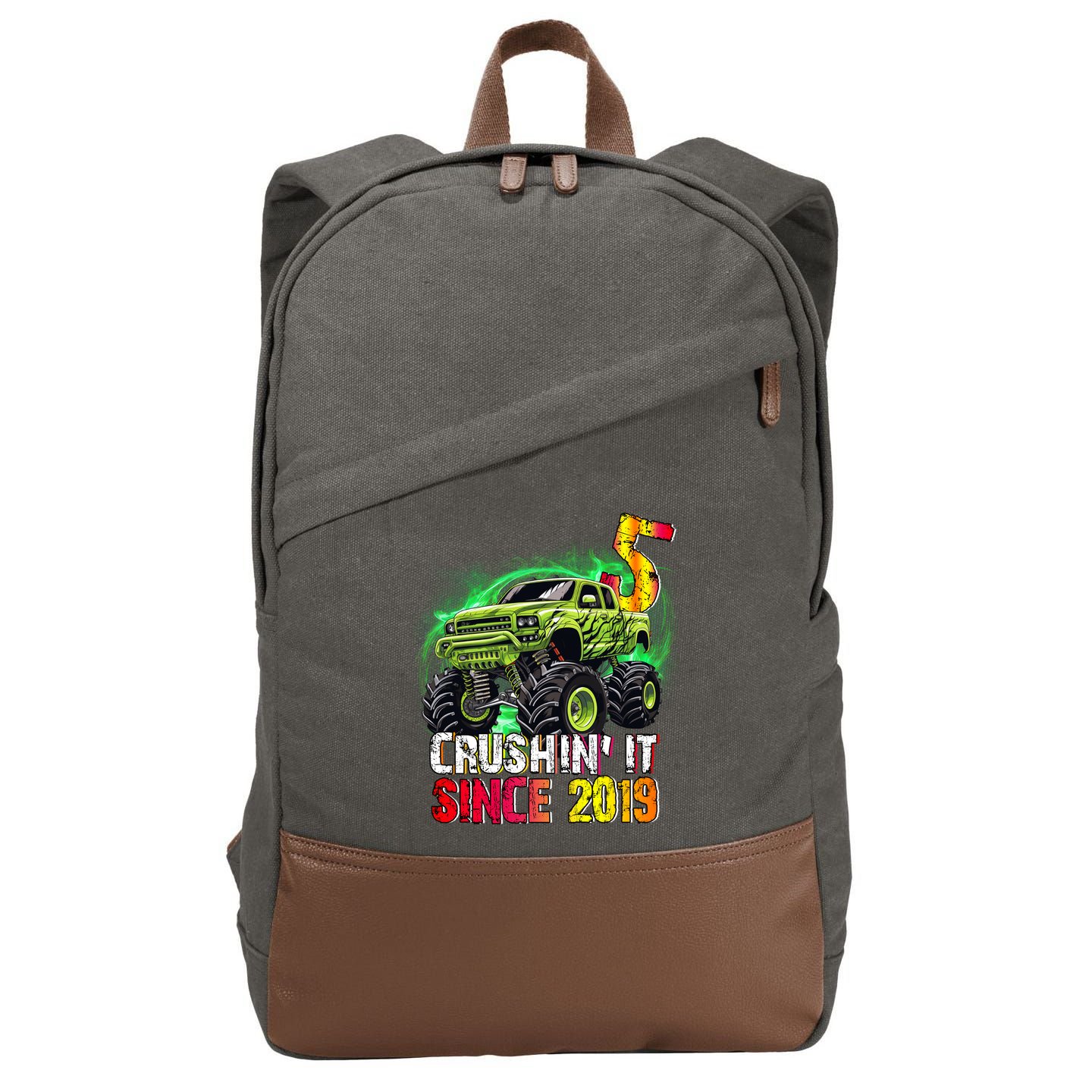 Crushin It Since 2019 5 Year Old Monster Truck Cotton Canvas Backpack