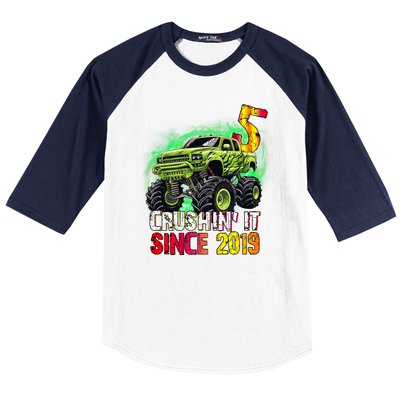 Crushin It Since 2019 5 Year Old Monster Truck Baseball Sleeve Shirt