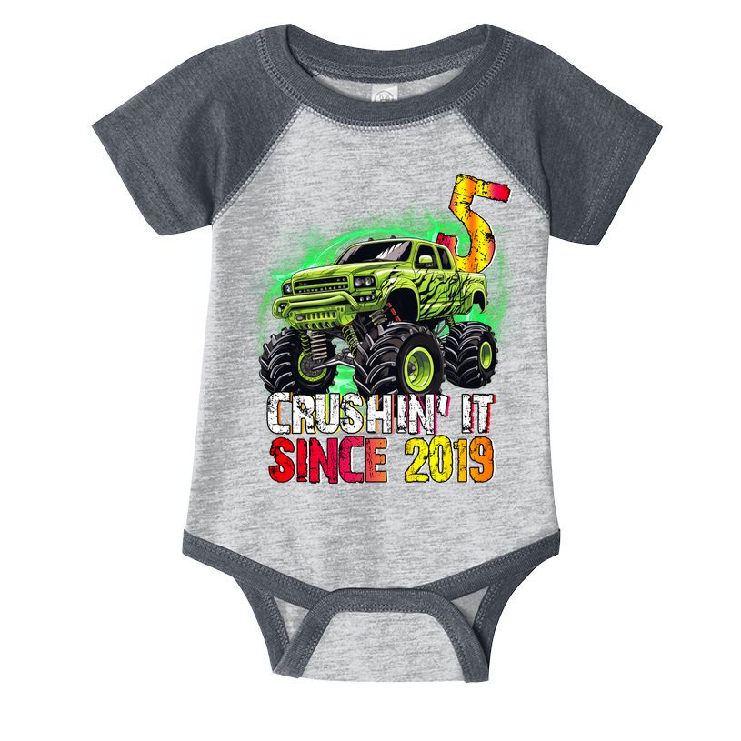 Crushin It Since 2019 5 Year Old Monster Truck Infant Baby Jersey Bodysuit