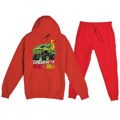 Crushin It Since 2019 5 Year Old Monster Truck Premium Hooded Sweatsuit Set