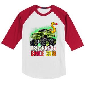 Crushin It Since 2019 5 Year Old Monster Truck Kids Colorblock Raglan Jersey