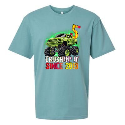 Crushin It Since 2019 5 Year Old Monster Truck Sueded Cloud Jersey T-Shirt