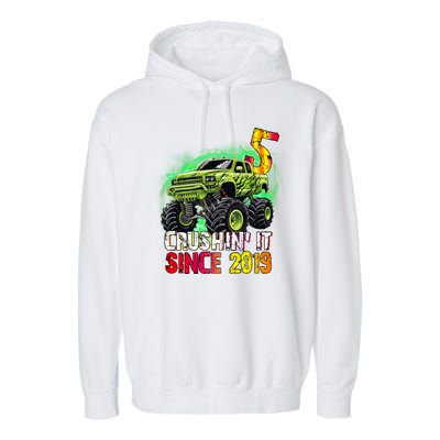 Crushin It Since 2019 5 Year Old Monster Truck Garment-Dyed Fleece Hoodie