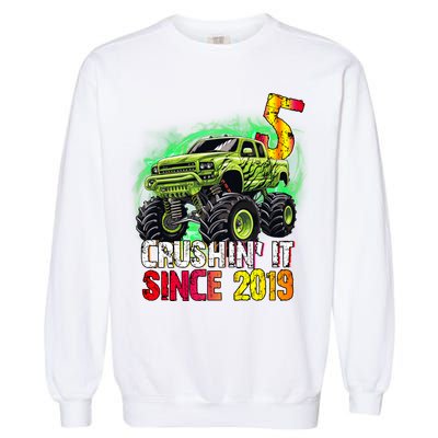 Crushin It Since 2019 5 Year Old Monster Truck Garment-Dyed Sweatshirt