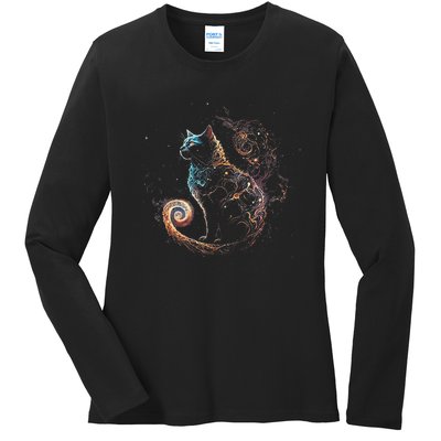 Cat In The Galaxy And Space Kitten Cat Head astronaut Ladies Long Sleeve Shirt