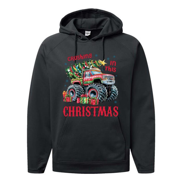 Crushing In This Christmas Xmas Holiday Red Monster Truck Performance Fleece Hoodie