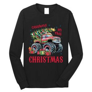 Crushing In This Christmas Xmas Holiday Red Monster Truck Long Sleeve Shirt