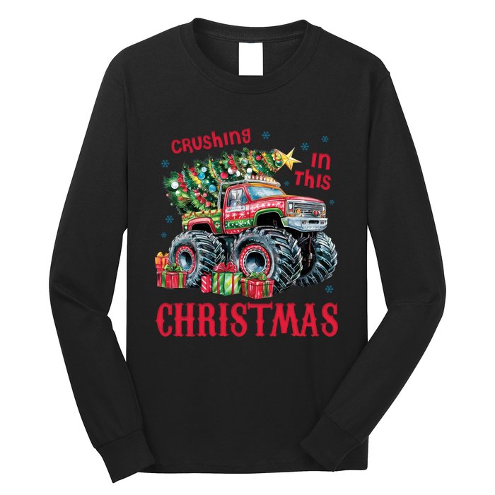 Crushing In This Christmas Xmas Holiday Red Monster Truck Long Sleeve Shirt