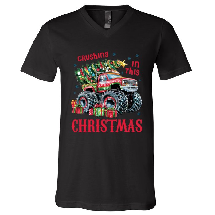 Crushing In This Christmas Xmas Holiday Red Monster Truck V-Neck T-Shirt