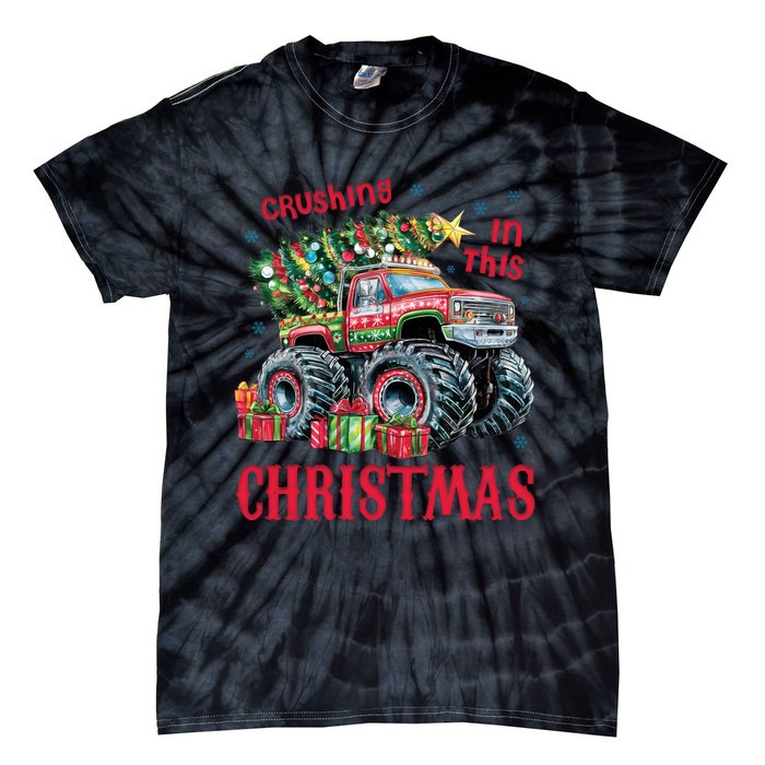 Crushing In This Christmas Xmas Holiday Red Monster Truck Tie-Dye T-Shirt