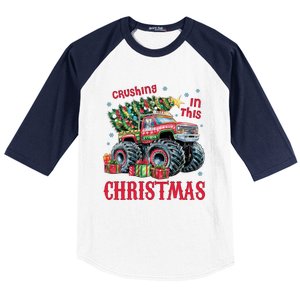 Crushing In This Christmas Xmas Holiday Red Monster Truck Baseball Sleeve Shirt