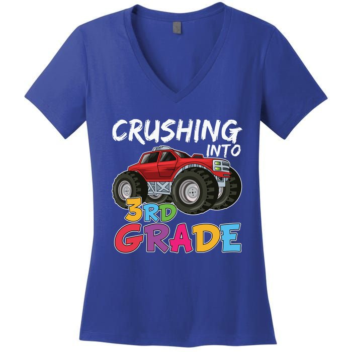 Crushing Into Third Grade Monster Truck Cute 3Rd Grade Gift Women's V-Neck T-Shirt