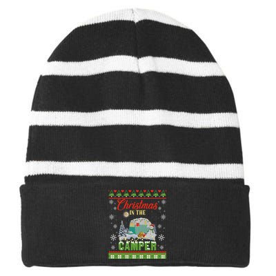 Christmas In The Camper Family Funny Camping Lover Xmas Trip Gift Striped Beanie with Solid Band