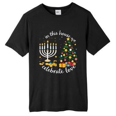 Christmas In This House We Celebrate Love Teacher Tall Fusion ChromaSoft Performance T-Shirt