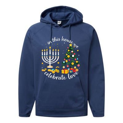 Christmas In This House We Celebrate Love Teacher Performance Fleece Hoodie