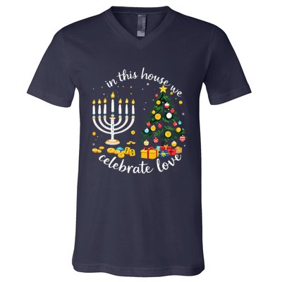 Christmas In This House We Celebrate Love Teacher V-Neck T-Shirt