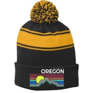 City of Portland Oregon Stripe Pom Pom Beanie