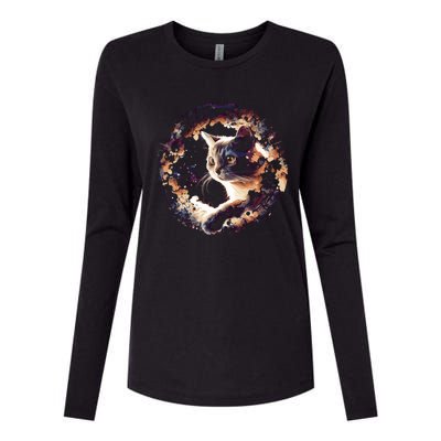 Cat In Universe Space Cat Womens Cotton Relaxed Long Sleeve T-Shirt