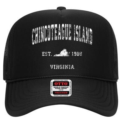 Chincoteague Island Virginia VA Vintage Athletic Sports Desi High Crown Mesh Back Trucker Hat