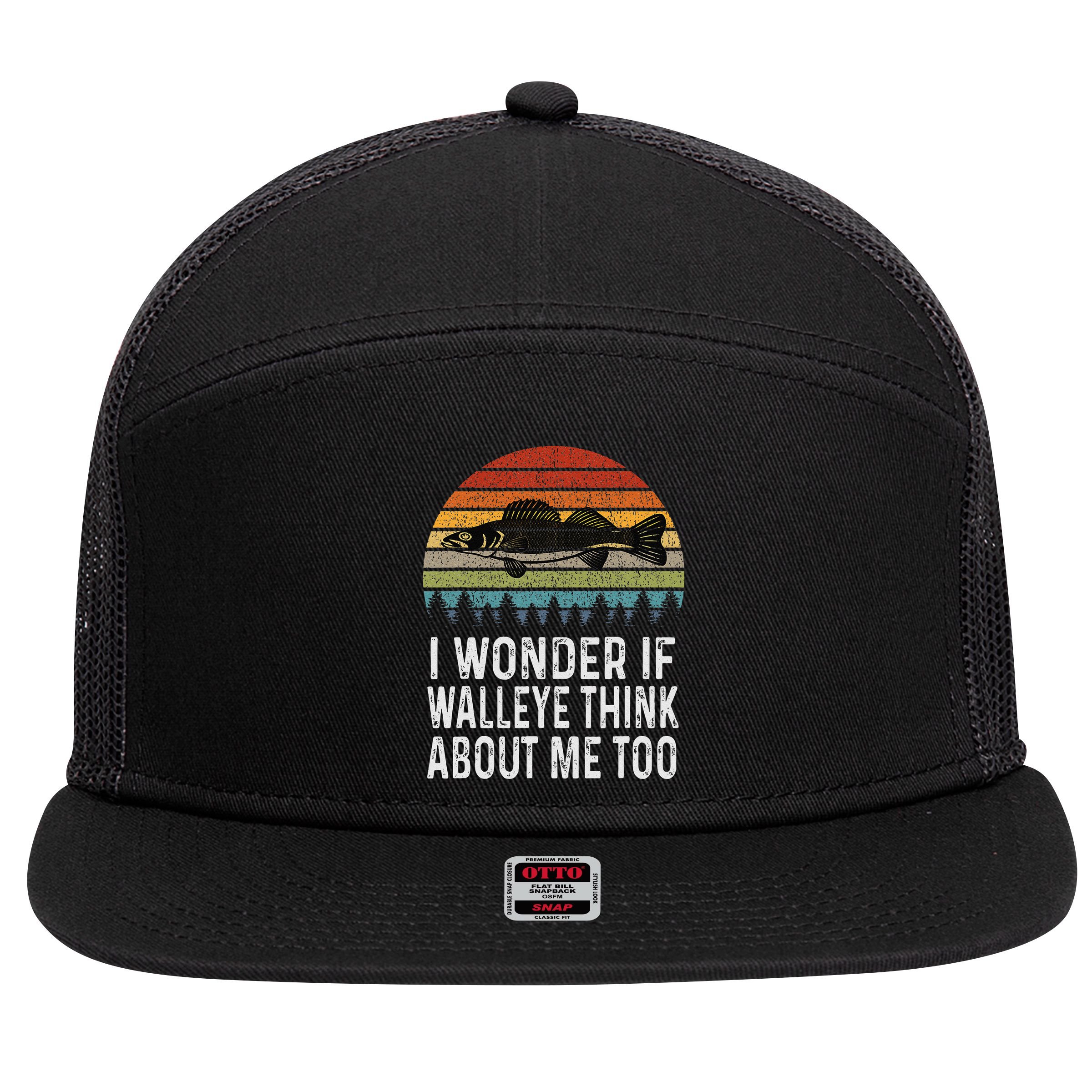 Cute I Wonder If Walleye Think About Me Funny Walleye Fishing 7 Panel Mesh Trucker Snapback Hat