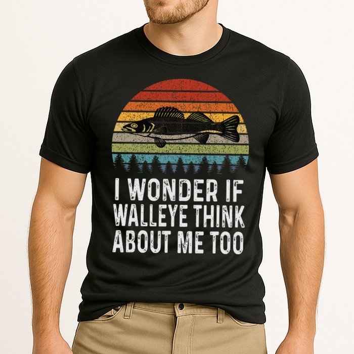 Cute I Wonder If Walleye Think About Me Funny Walleye Fishing Performance Shirt