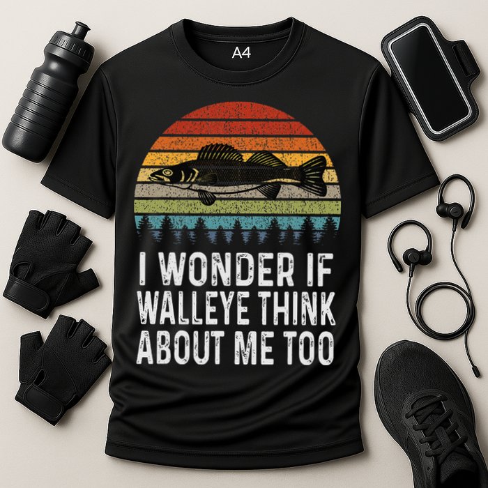 Cute I Wonder If Walleye Think About Me Funny Walleye Fishing Performance Shirt
